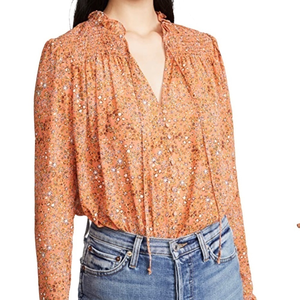Free People Lela Floral Peasant Blouse XS Orange Boho Ruffle Smocked Top